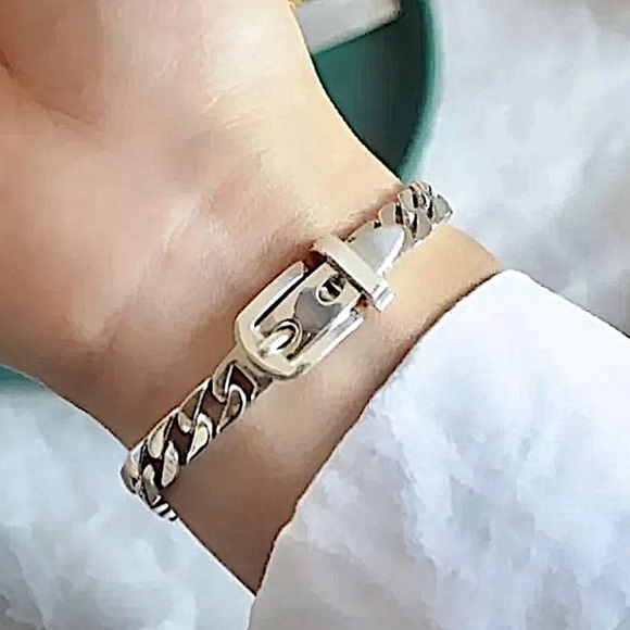 Belt Buckle Sterling Silver Bracelet Chain Link Unisex - Picture 5 of 8